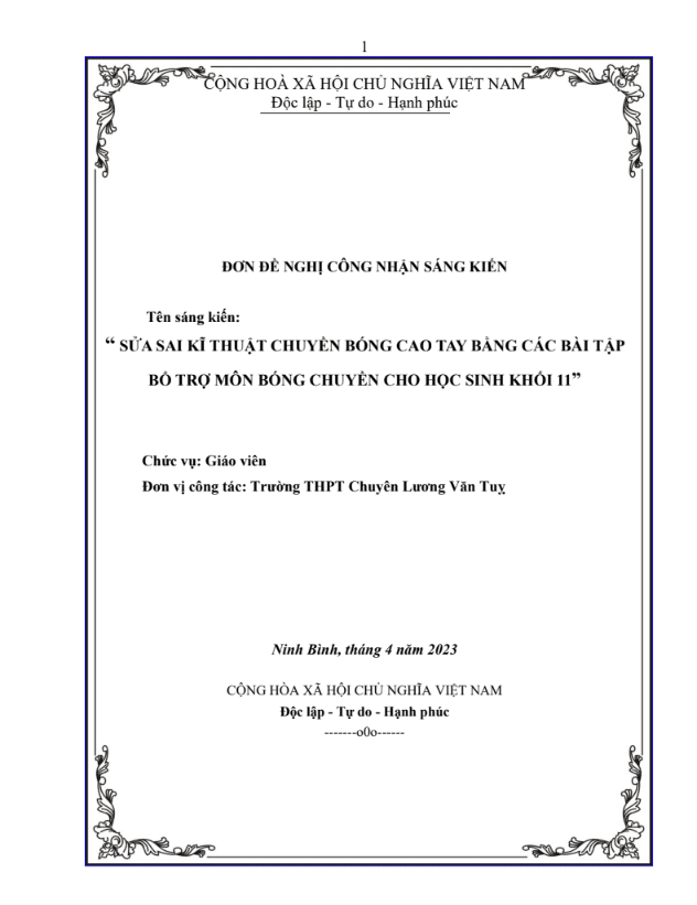 Sửa Sai Kĩ Thuật Chuyền Bóng Cao Tay Bằng Các Bài Tập Bổ Trợ Môn Bóng Chuyền Cho Học Sinh Khối 11