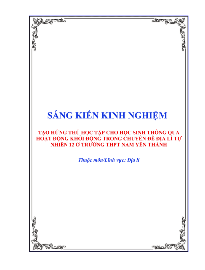 Tạo hứng thú học tập cho học sinh thông qua hoạt động khởi động trong chuyên đề Địa lí tự nhiên 12 ở trường THPT Nam Yên Thành