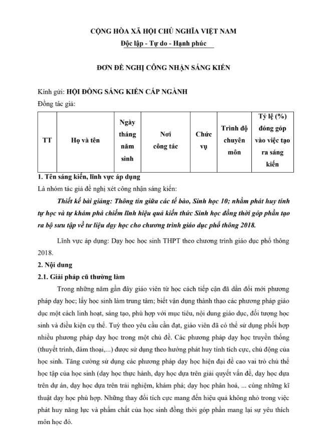 Thiết kế bài giảng Thông tin giữa các tế bào, Sinh học 10; nhằm phát huy tính tự học và tự khám phá chiếm lĩnh hiệu quả kiến thức 2023 GDPT 2018