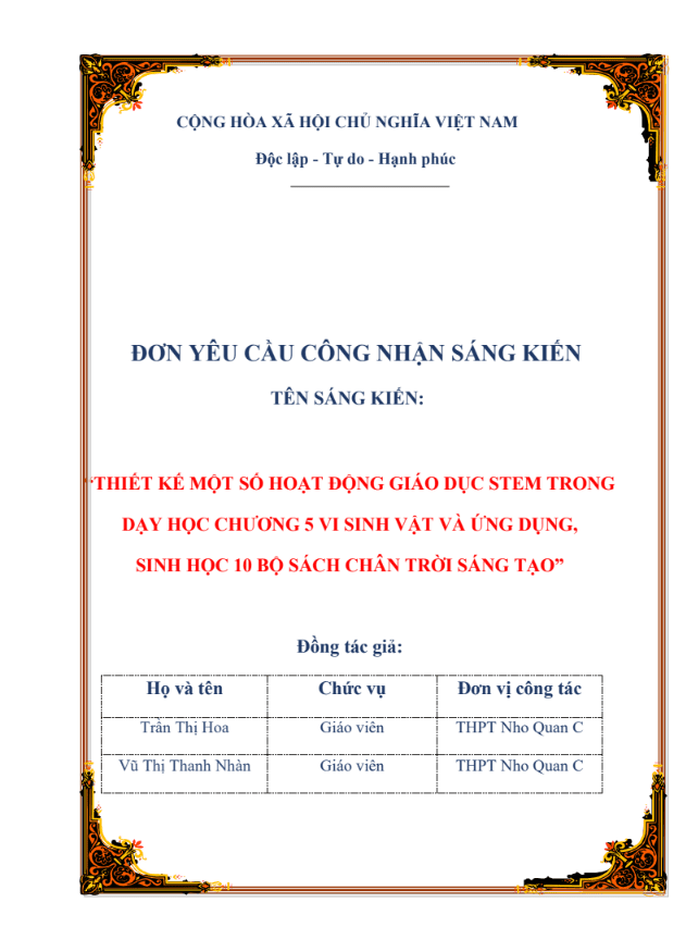 Thiết kế một số hoạt động giáo dục STEM trong dạy học chương vi sinh vật và ứng dụng, Sinh học 10 bộ sách Chân chời sáng tạo