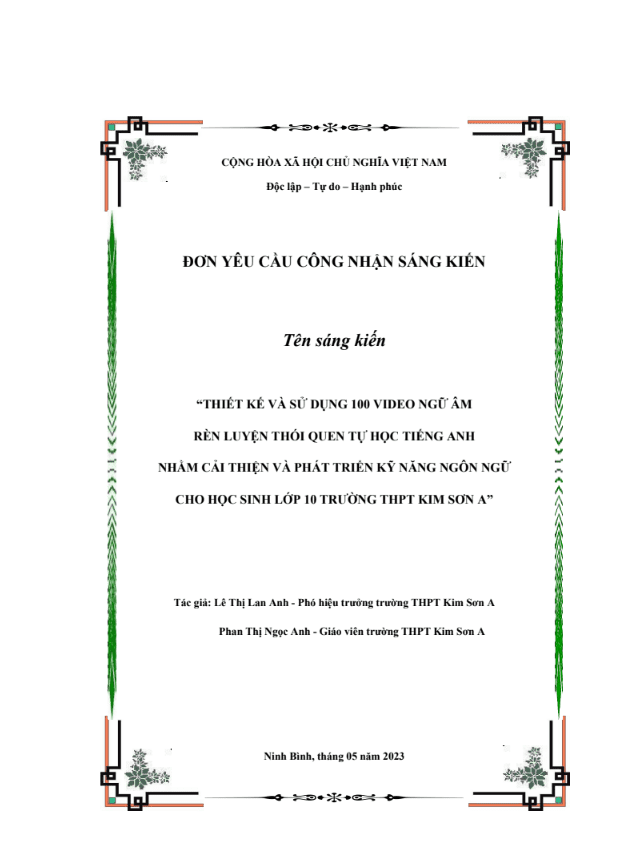 Thiết kế và sử dụng 100 video ngữ âm rèn luyện thói quen tự học tiếng Anh nhằm cải thiện và phát triển kỹ năng ngôn ngữ cho học sinh lớp 10 trường THPT GDPT 2018