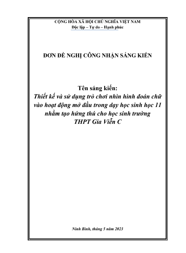Thiết kế và sử dụng trò chơi nhìn hình đoán chữ vào hoạt động mở đầu trong dạy học Sinh học 11 nhằm tạo hứng thú cho học sinh trường