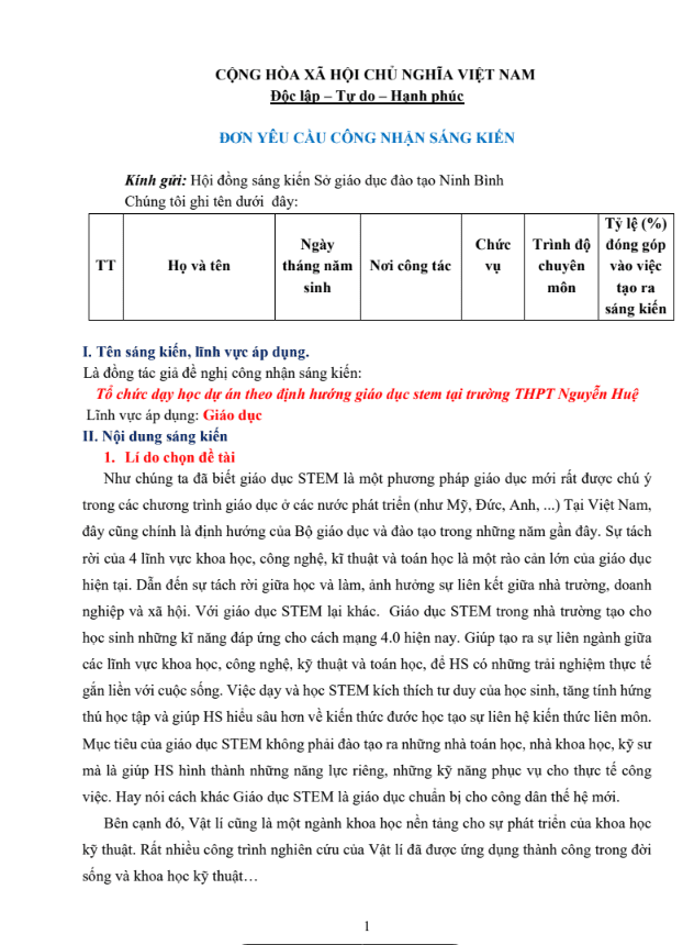 Tổ Chức Dạy Học Dự Án Theo Định Hướng Giáo Dục Stem Tại Trường Thpt