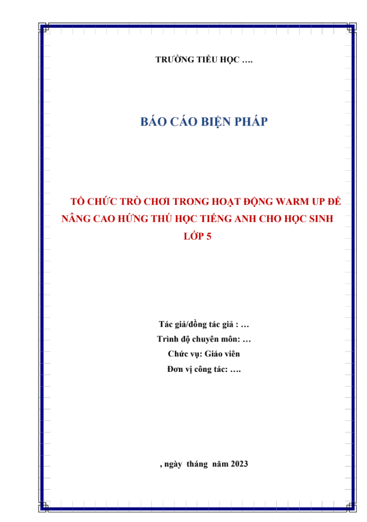Tổ chức trò chơi trong hoạt động Warm up để nâng cao hứng thú học Tiếng Anh cho học sinh lớp 5 ( Sách thí điểm/Global/Smart start/Family&friend)