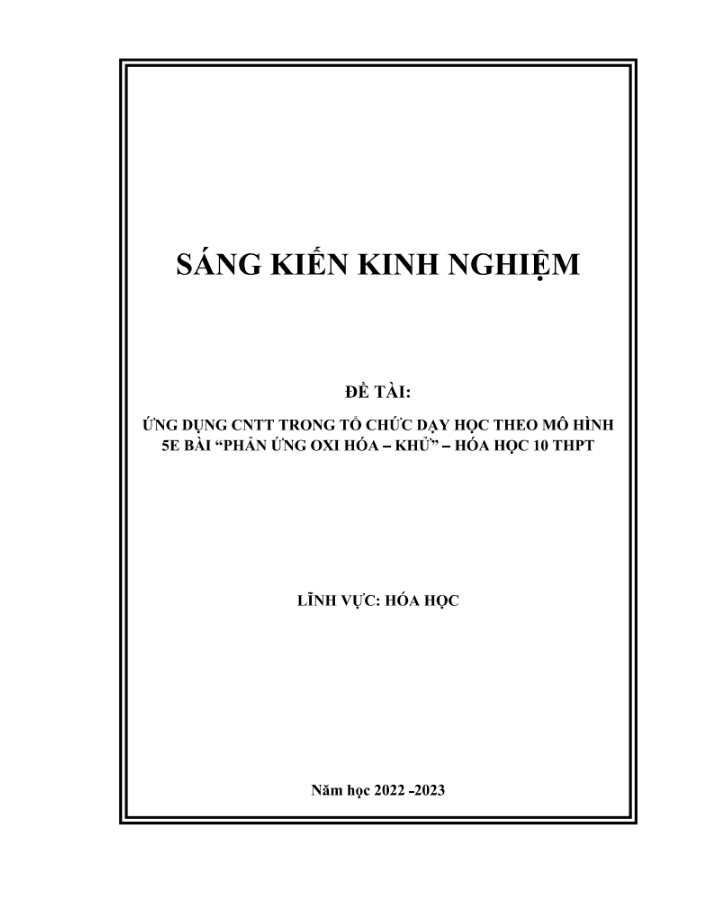 Ứng dụng CNTT trong tổ chức dạy học theo mô hình 5E bài “Phản ứng Oxi hóa – Khử” – Hóa học 10 THPT – KNTT