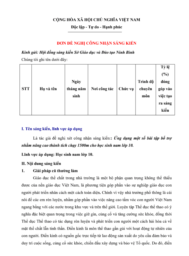 Ứng dụng một số bài tập bổ trợ nhằm nâng cao thành tích chạy 1500m cho học sinh nam lớp 10