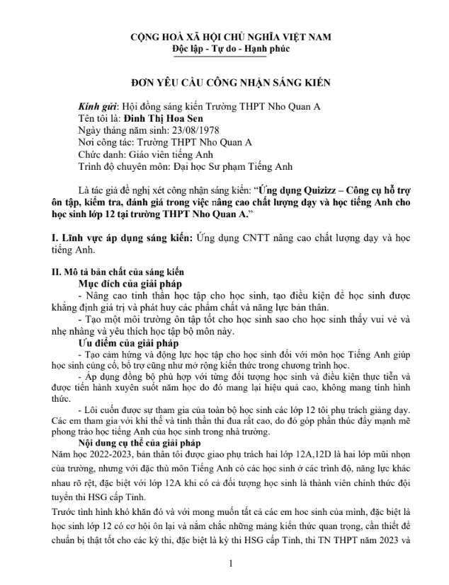 Ứng dụng Quizizz – Công cụ hỗ trợ ôn tập, kiểm tra, đánh giá trong việc nâng cao chất lượng dạy và học tiếng Anh cho học sinh lớp 12 tại trường THPT
