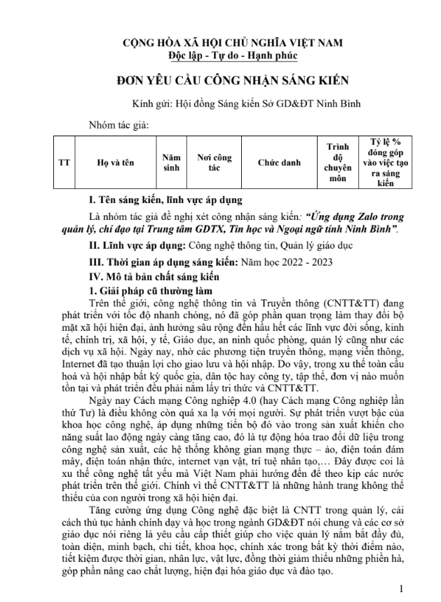 Ứng dụng Zalo trong quản lý chỉ đạo tại Trung tâm GDTX, Tin học và Ngoại ngữ