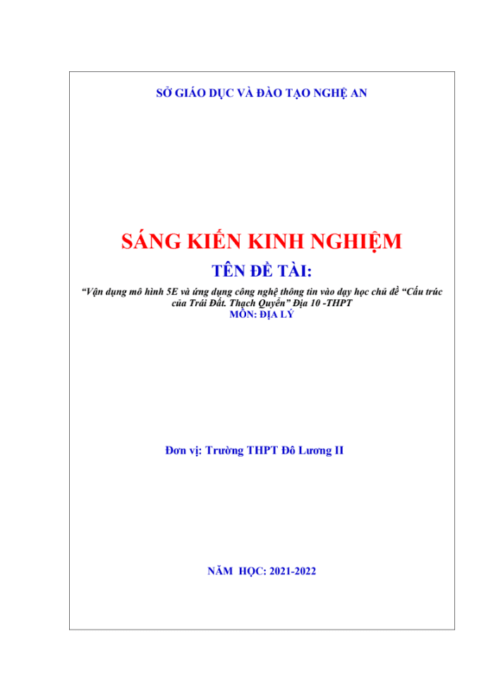 Vận dụng mô hình 5E và ứng dụng công nghệ thông tin trong dạy học chủ đề “Cấu trúc của Trái Đất. Thạch Quyển” Địa Lí 10 – THPT”