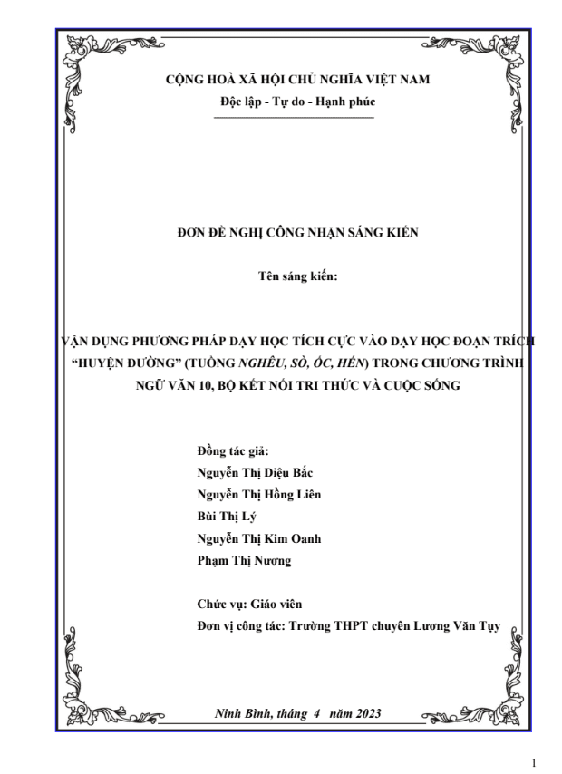 Vận dụng phương pháp dạy học tích cực vào dạy học đoạn trích “Huyện đường” (Tuồng Nghêu, Sò, Ốc, Hến) trong chương trình Ngữ văn 10, bộ Kết nối tri thức và cuộc sống