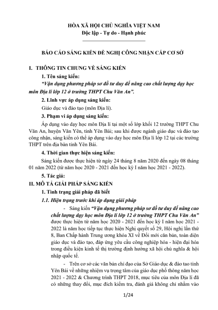 Vận dụng phương pháp sơ đồ tư duy để nâng cao chất lượng dạy học môn Địa lí lớp 12 ở trường THPT Chu Văn An