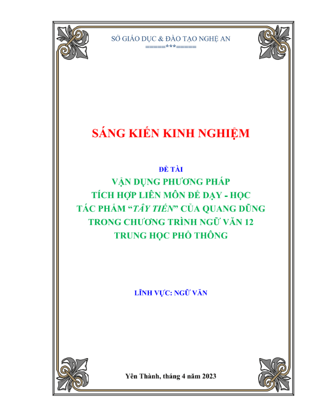 Vận dụng phương pháp tích hợp liên môn để dạy – học tác phẩm Tây Tiến của Quang Dũng trong chương trình Ngữ Văn 12 trung học phổ thông.