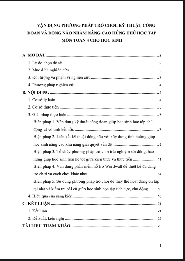Vận dụng phương pháp trò chơi, kỹ thuật công đoạn và động não nhằm nâng cao hứng thú học tập môn Toán 4 cho học sinh (đủ 3 bộ sách)