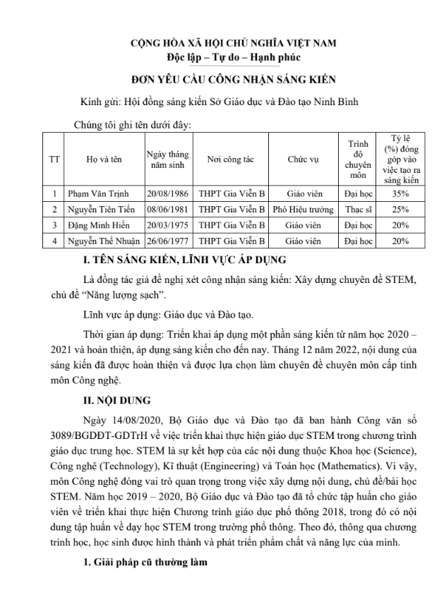 Xây dựng chuyên đề STEM, chủ đề Năng lượng sạch GDPT 2018