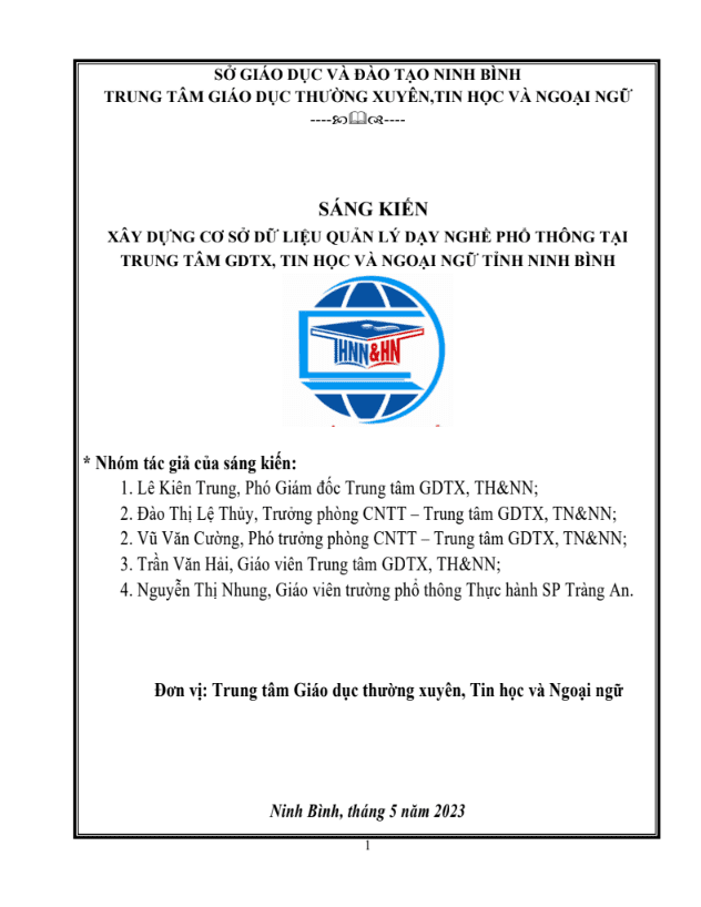 Xây dựng cơ sở dữ liệu quản lý dạy nghề phổ thông tại Trung tâm GDTX, Tin học và Ngoại ngữ